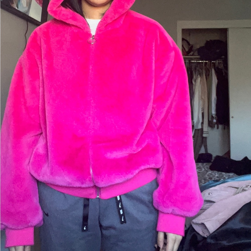 Over sized pink fur jacket